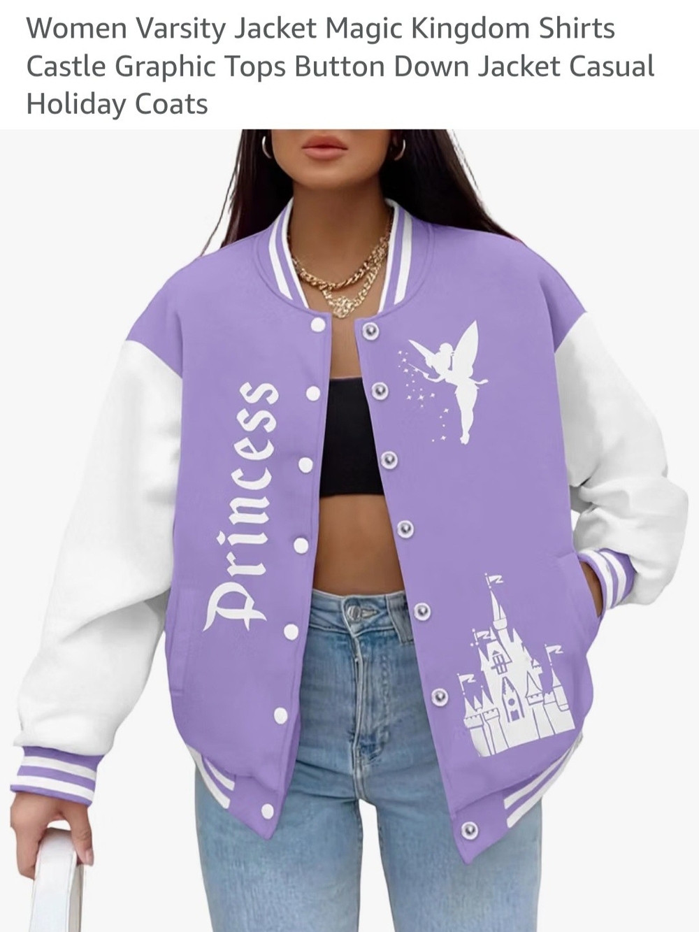 Disney Themed Women's Princess Graphic Varsity Jacket - Lavender & White